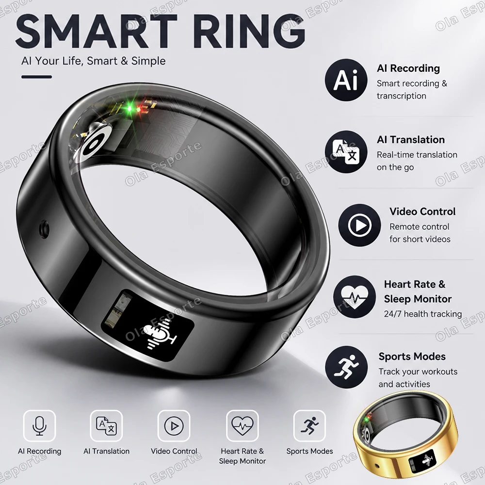 AI Recording Translation Smart Ring Heart Rate Blood Oxygen Sleep Monitor Touch Voice Recorder Sports Waterproof Smartring R12