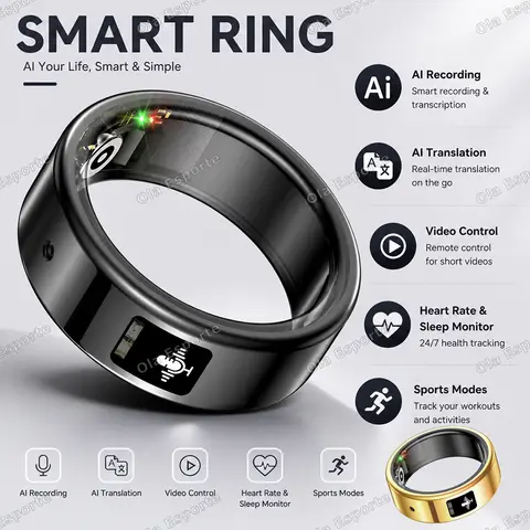 AI Recording Translation Smart Ring Heart Rate Blood Oxygen Sleep Monitor Touch Voice Recorder Sports Waterproof Smartring R12