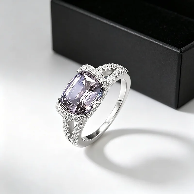 S925 Sterling Silver Ring 7*9mm Cushion Cut Lab‑Created Gemstone Halo Zircon Leaf Carved Split Shank Band Fine Jewelry WomenRing