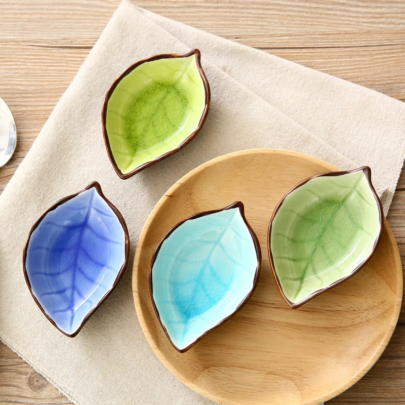 Tree Leaf Sauce Dish Mini Ceramic Plate Ice Crack Glazed Plate