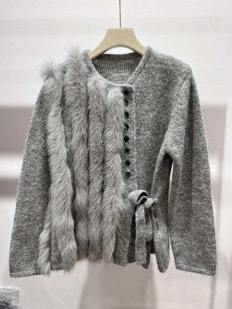 เสื้อคลุมคาร์ดิแกนถักไหมพรมขนสุนัขจิ้งจอกแท้ธรรมชาติสำหรับผู้หญิง ฤดูใบไม้ร่วง ฤดูหนาว แขนยาว สไตล์หรูหรา