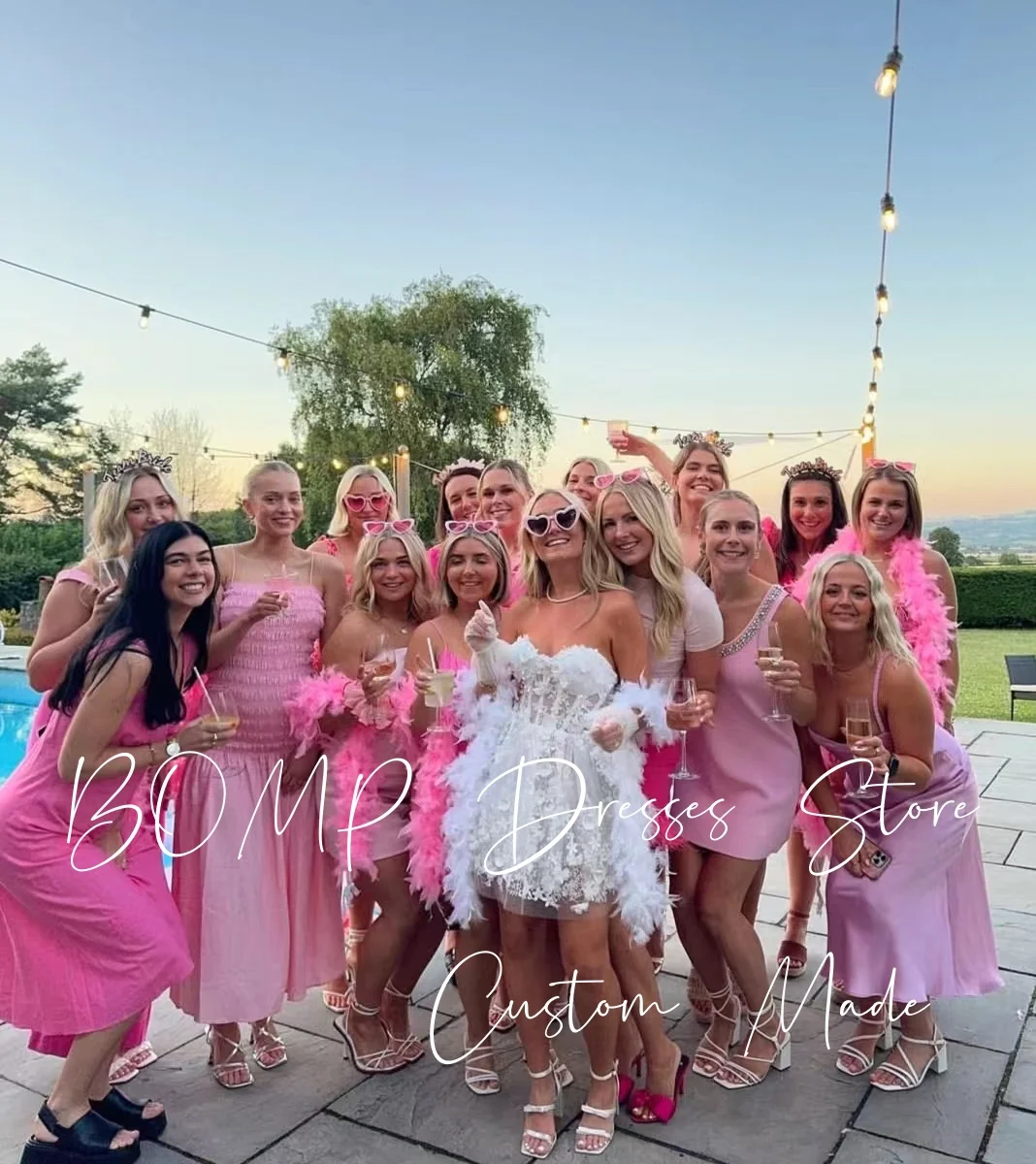 BOMP Exquisite 3D Flowers Wedding Party Dress Strapless A-Line White Tulle Short Bridal Reception Gown Customized Robe De Mariée