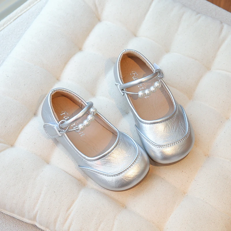 Girls Mary Jane flats with pearl strap, adjustable buckle, soft anti-slip rubber sole for kids daily party dress occasions
