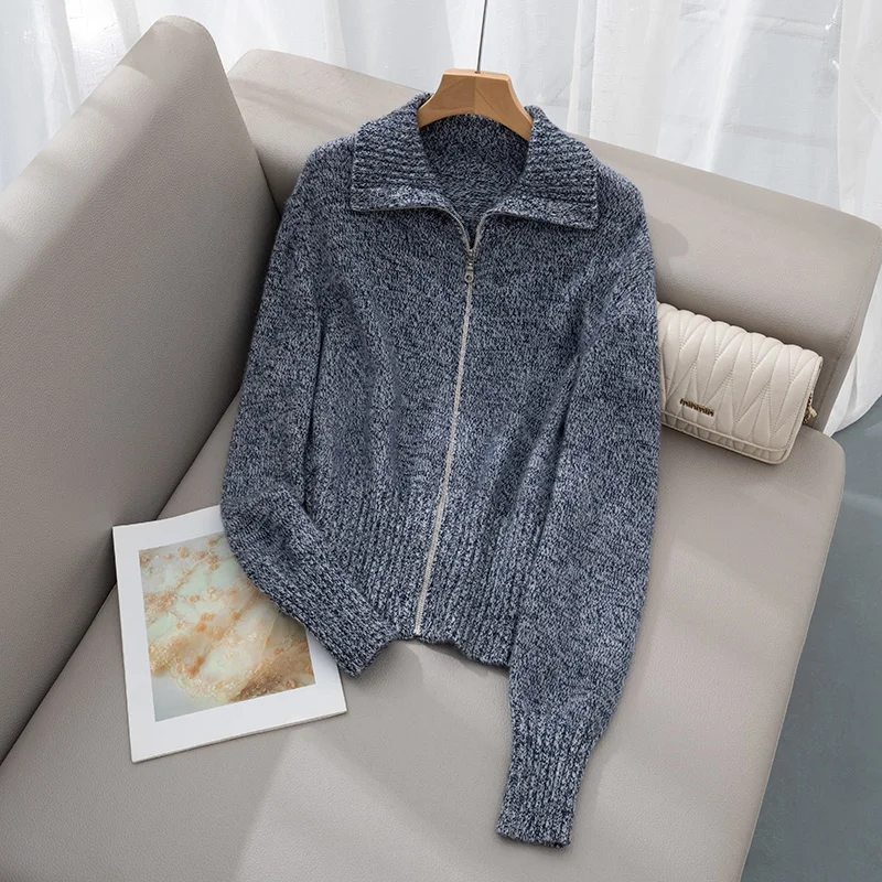 Heavy-weight Zippered Lapel 100%Cashmere Sweater Women's Cardigan Loose Pure Cashmere Jacket Fashion Knitted Sweater Top