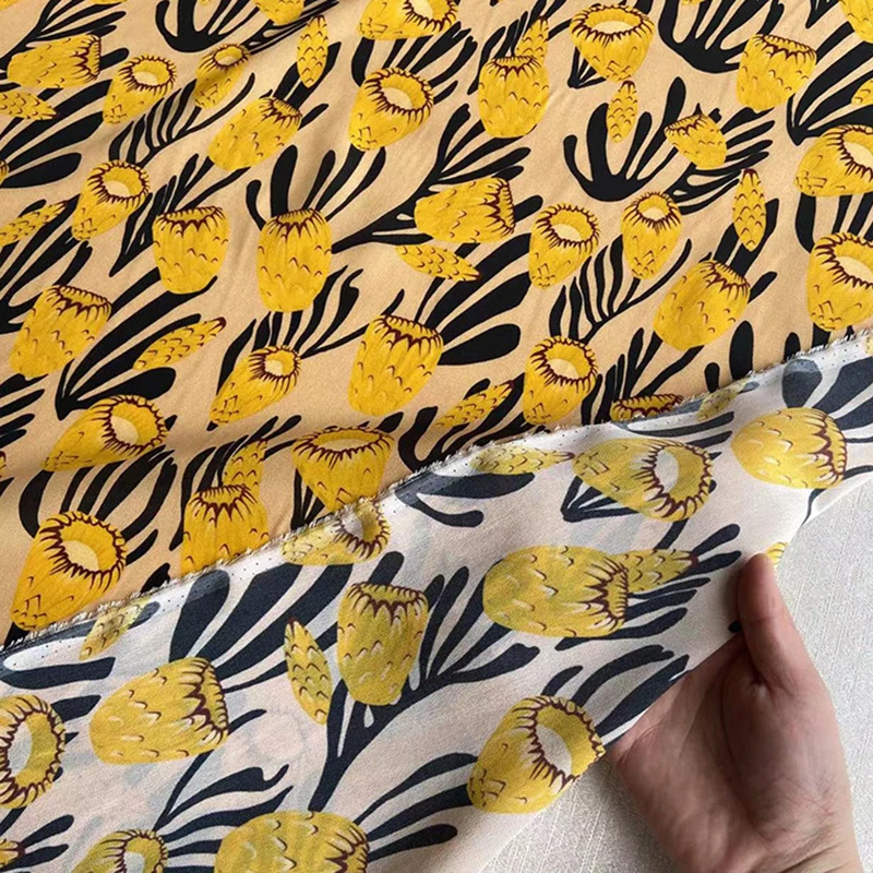 114CM Wide 16MM Yellow Floral Printed Silk Crepe de Chine Fabric for Summer Soft Dress Pants Silk Tissue for DIY Sewing C001-40