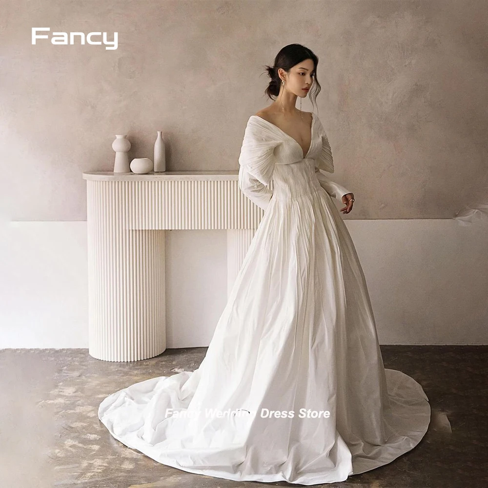 

Fancy Fairy V Neck Wedding Dress Korea Photo Shoot Long Sleeve Special Material Bridal Gown Floor Length Evening Dresses