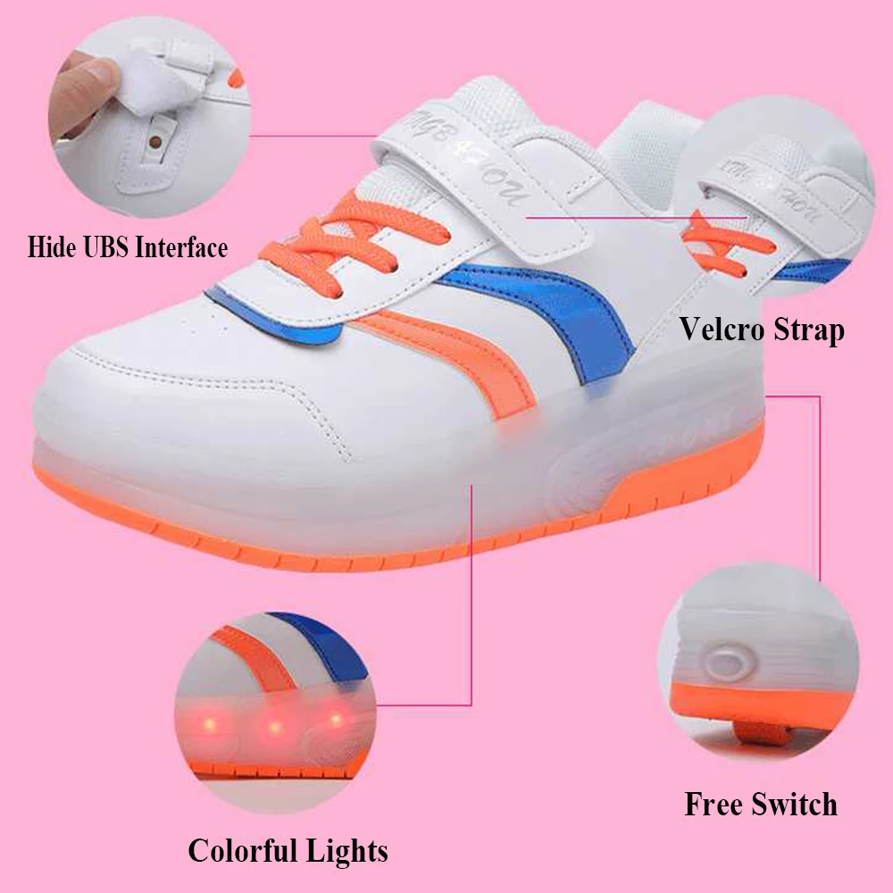 Kids Roller Skate Shoes Fashion Casual Sneaker Outdoor Sports Boys Girls 2 Wheels Charging Footwear Children Toys Gift LED Light