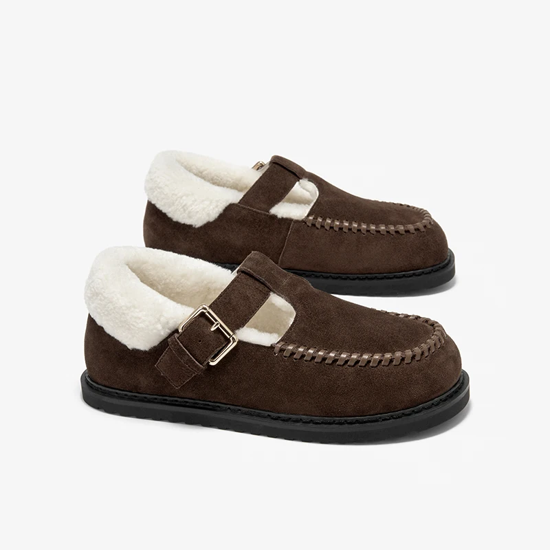 BEAUTODAY Casualowe Baleriny Damskie Skóra Zamszowa z Podszewką z Wełny Zapinane na Klamrę Plecione Okrągłe Palce Ciepłe Damskie Buty Ręcznie Robione 22824