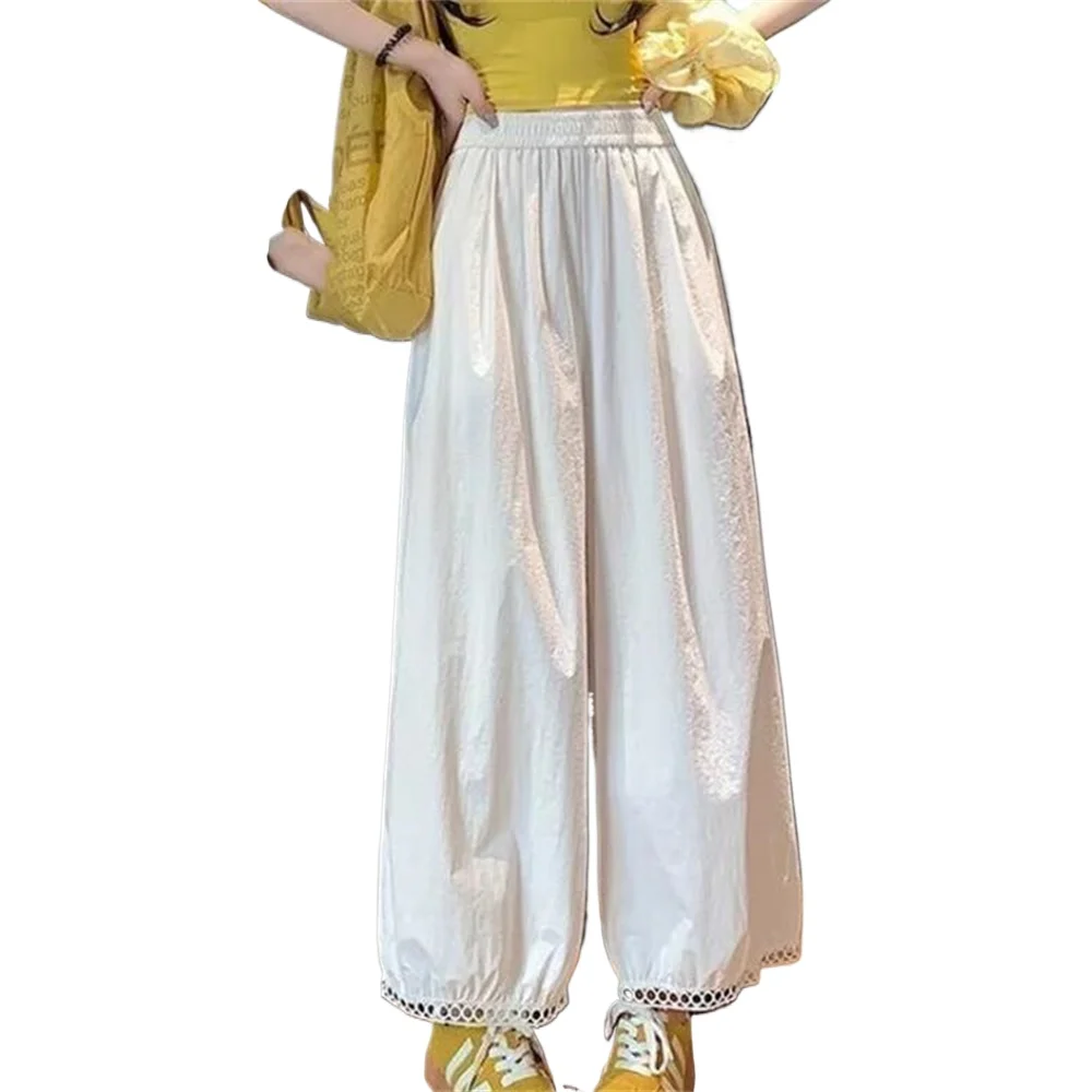 Fashion Lace Hollow Out Flower Lantern Pants Women's Summer Thin High Waist Loose Nine Points Straight Wide Leg Pants Clothes