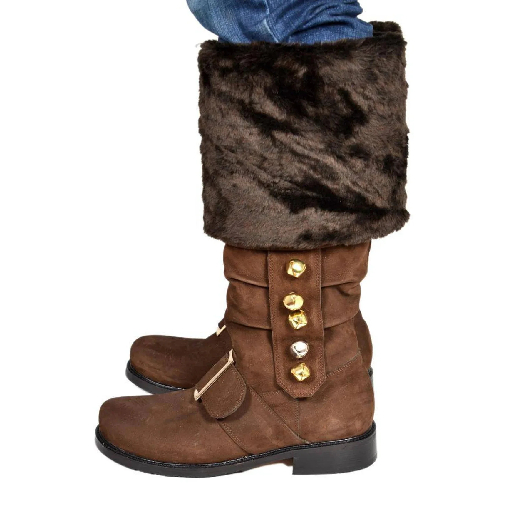 Mittelalterliche Vintage-Weihnachtsmann-Stiefel, Herren-Kampfstiefel mit weißen Plüschmanschetten, Fußglocke und Schnalle für Weihnachtsfeier, Cosplay-Stiefel – Detail 16