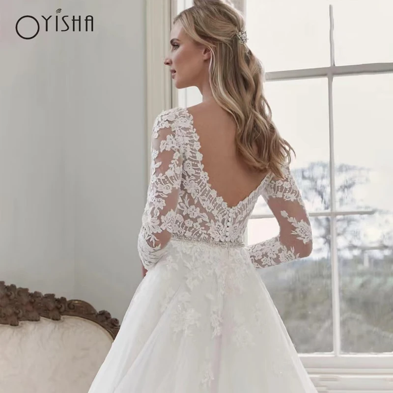 OYISHA-Robes de mariée à col en V, appliques en dentelle, manches longues, robe de mariée sexy, dos nu, ligne A élégante, tulle, éducatif, personnalisé