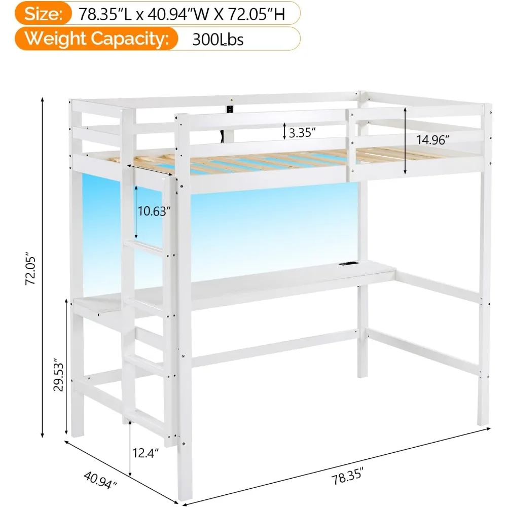 سرير بطابقين خشبي مزدوج الحجم مع مكتب وإضاءة LED RGB، وسرير علوي للبالغين مع محطات شحن ودرابزين مرتفع #2