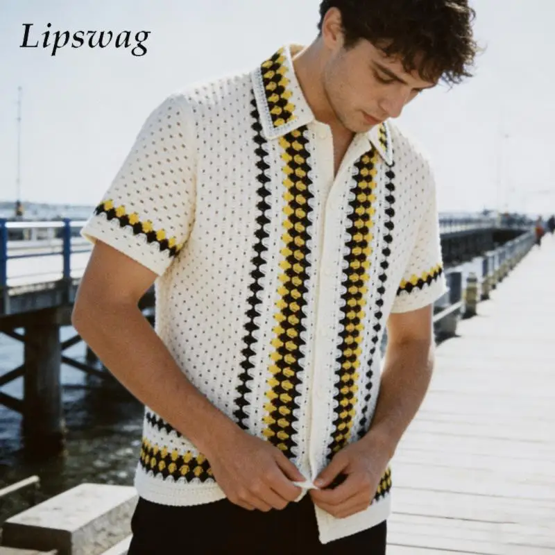 Sexy Transparent Hollow Out Shirts Mens Knitted Short Sleeve Button-up Lapel Cardigan Tops Spring Summer Vintage Striped Shirt