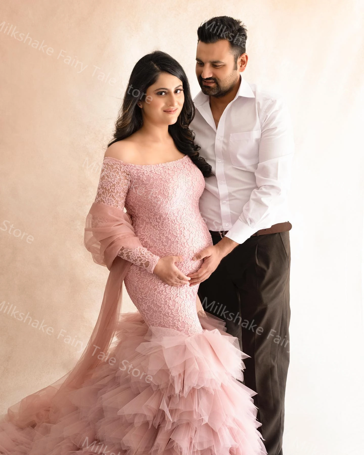 Pink Mermaid Maternity Robes for Photography Lace Tiered Ruffles Pregnant Women Dresses Sexy Customized Baby Shower Gowns