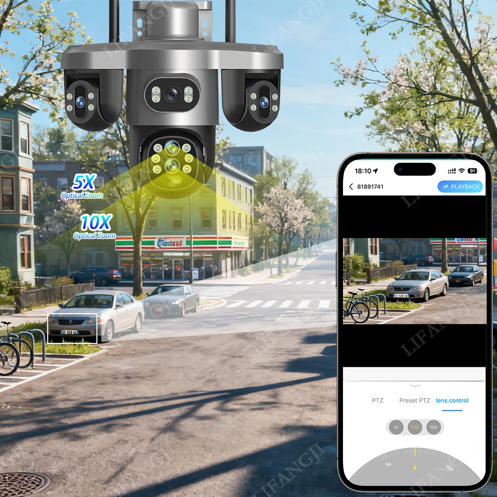 10X زووم بصري 20MP 4G Sim / WiFi كاميرا تعمل بالطاقة الشمسية في الهواء الطلق 3 شاشات CCTV 3-PTZ 360 °   كاميرات مراقبة IP للتتبع التلقائي V380