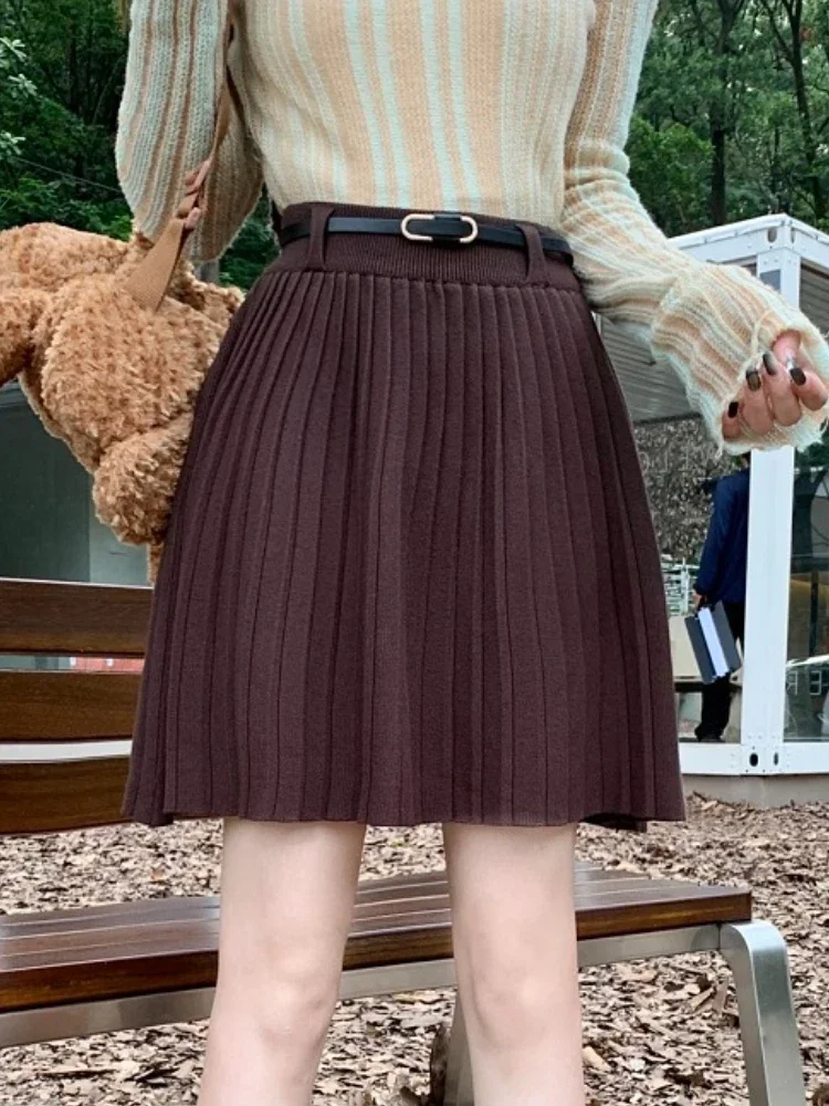 High Waist Pleated Skirt Autumn Winter New Fashion Knitted Skirts for Women Korean Preppy Style A-line with Belt Slim Mini Skirt