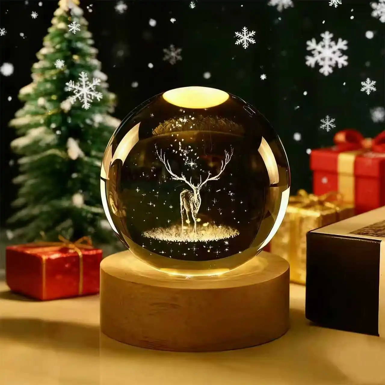 3D Deer Crystal Ball Night Lamp 6CM USB Powered Wooden Base Cute Home Bedroom Festival Holiday Gift