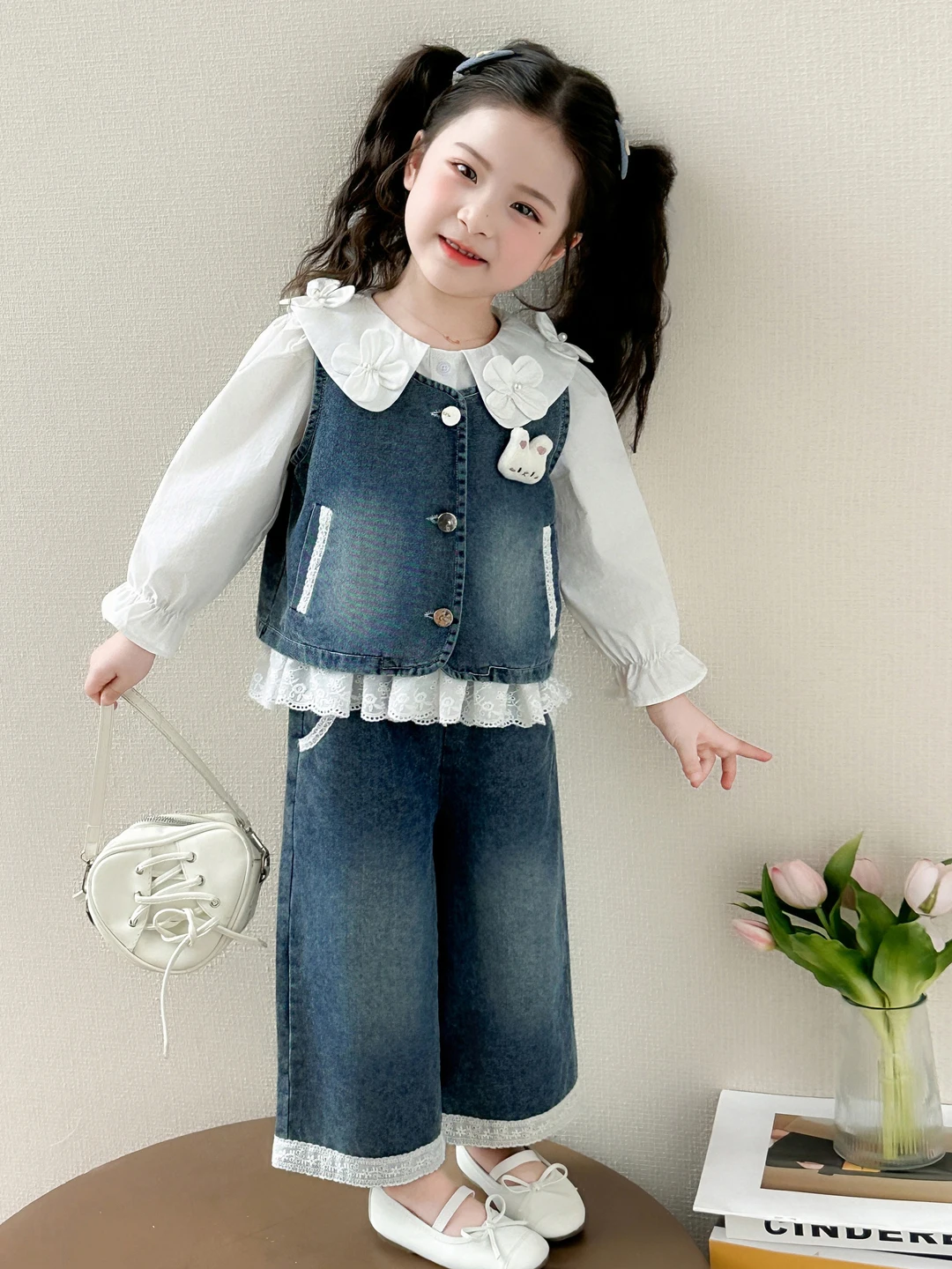 

Girls' Faionable Denim Vest Long Sve Petal Collar Base irt Wide Leg Pants Two-Piece Set Spring Casual Sportswear