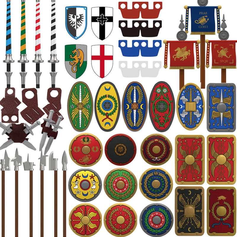 Mittelalterliches Rom-Schild, militärische Bausteine, römischer Soldat, Krieger, Ritter, Figur, Bogenschütze, Schürze, Umhang, Zubehör, Ziegel, Spielzeug, Geschenk