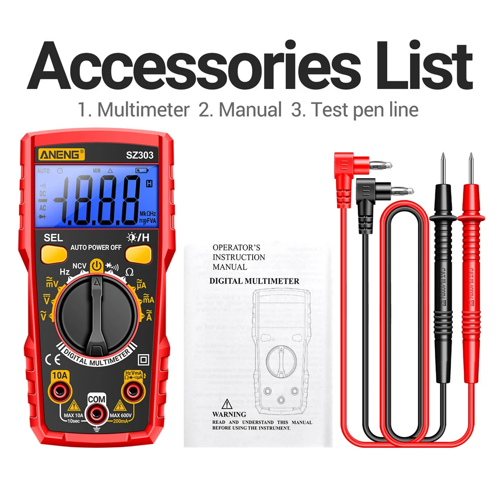 ANENG SZ303 Digital Multimeter Resistance Meter 1999 Counts Multimetro Auto-Ranging AC/DC Votage Current Ohm Tester