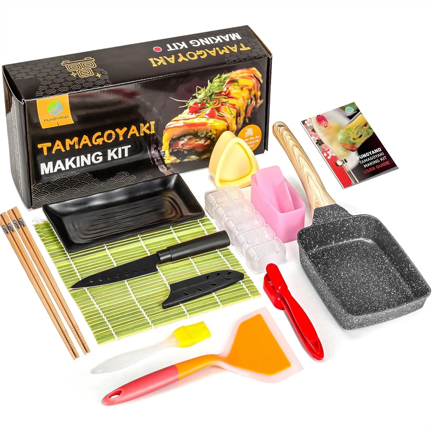 Juego de sartenes para omelette japonés con espátula, tapete de bambú, cuchillo y accesorios para sushi - Utensilios de cocina de lujo de 5x7 pulgadas