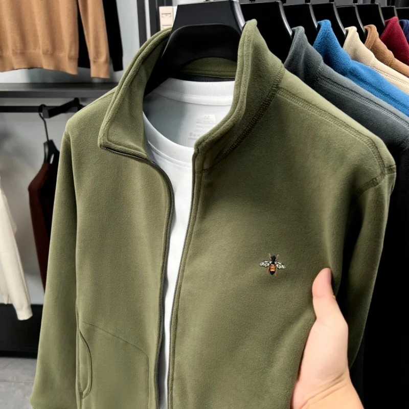 

Fashion brand bee embroidery new coat high-quality zipper stand collar trend pocket jacket autumn winter plush warm men's wear
