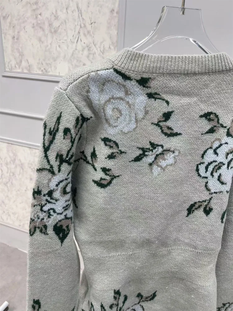 Wool Blends Women Gray Sweater Double Pockets Long Sleeve Floral Jacquard 2024 Fall Winter Female Single Breasted Knit Cardigan