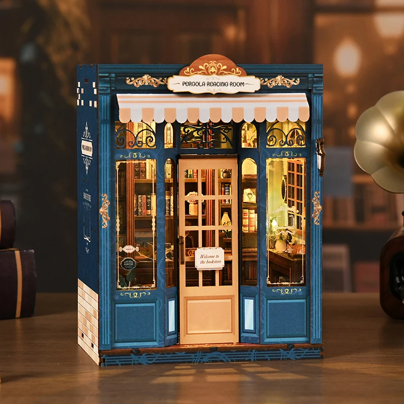 

DIY Wooden Pergola Reading Room Book Nook Shelf Insert Kits Miniature Model Kit With Light Bookend for Friends Birthday Gifts