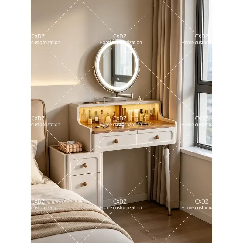 Solid wood multi-functional dresser chest integrated with mirror medieval cream wind bedroom bedside storage cabinet 2026 new