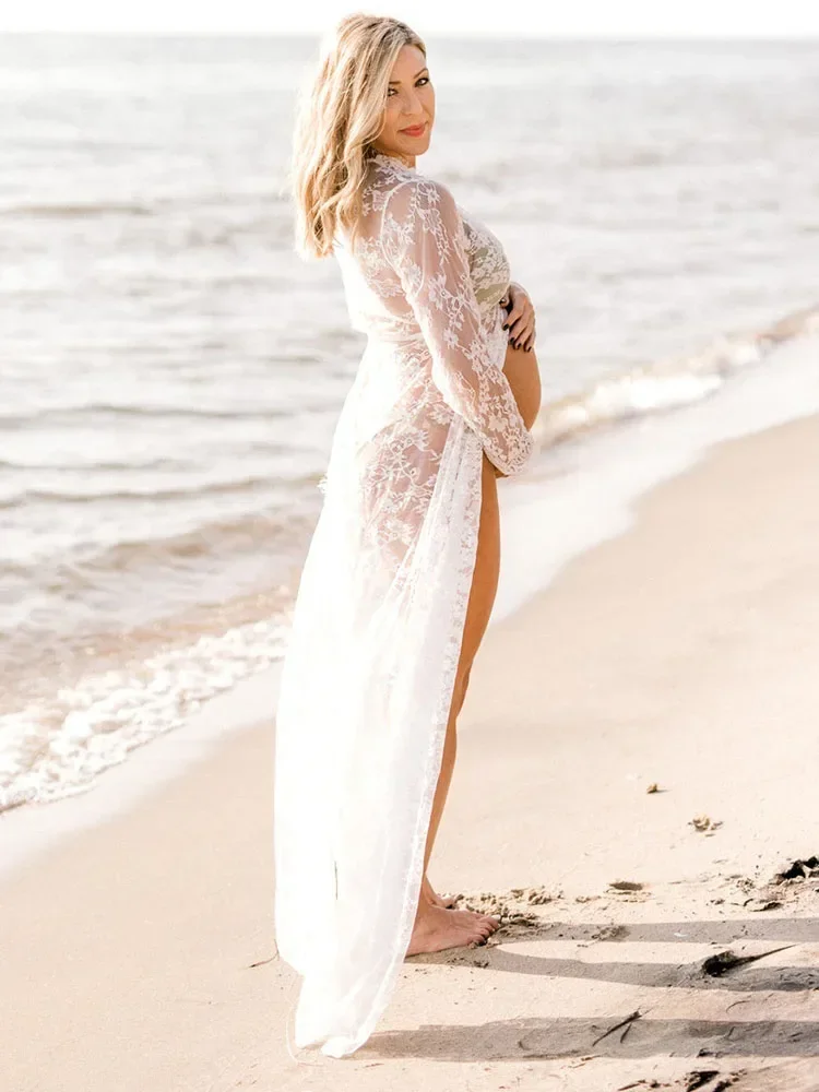 Pregnancy Photography Lace Dress White See-Through Maxi Dress Long Sleeve V-Neck Split Front Maternity Dresses for Photo Shoot