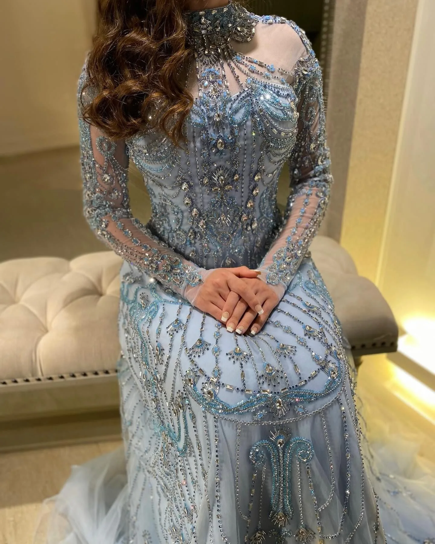 Sharon Said Blue Long Sleeves High Neck Dubai Luxury Evening Dress for Women Wedding Party Arabic Formal Gowns SS587 Customized