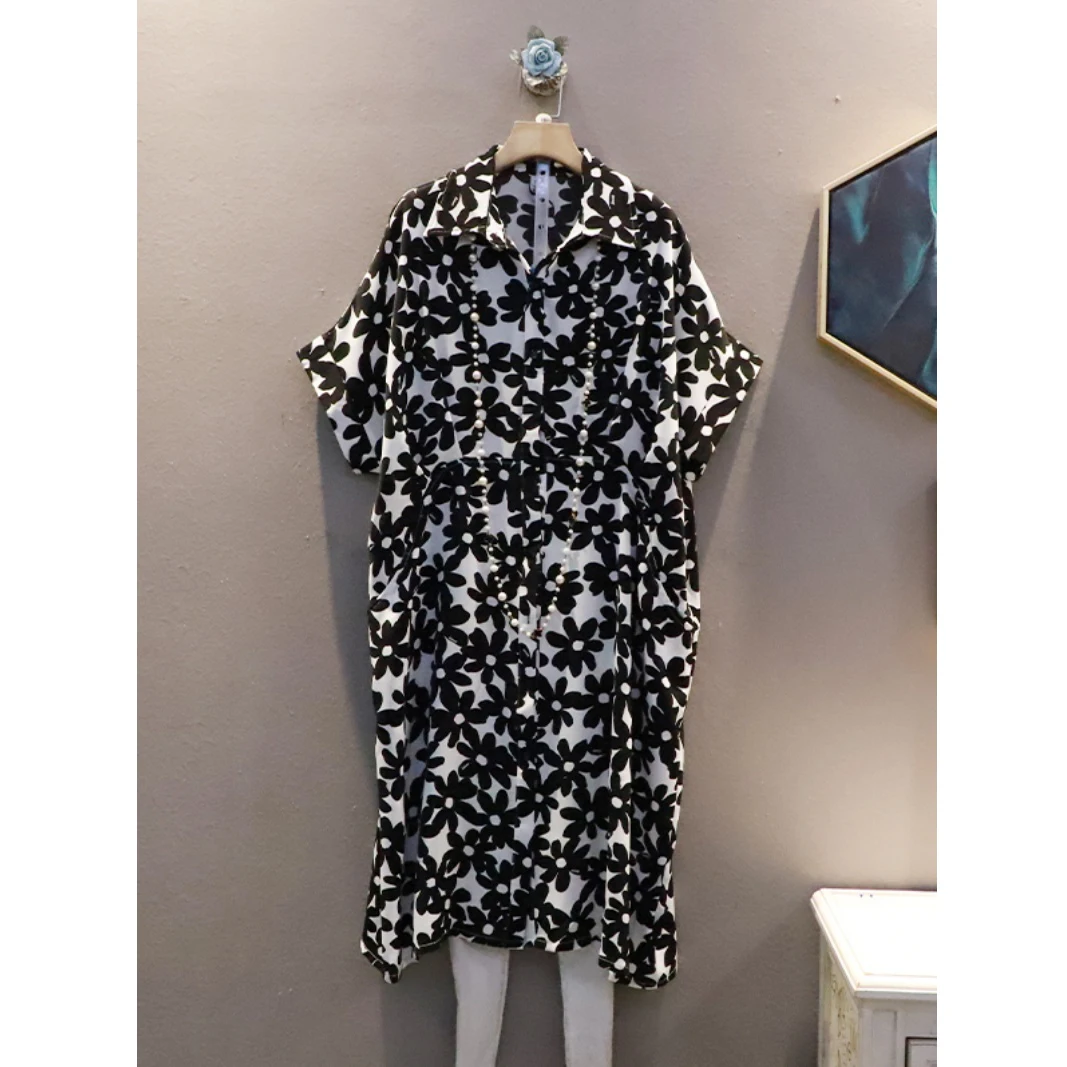 SuperAen-Vestido floral feminino com gola flip, estilo de cintura alta, tamanho solto, retrô, verão, novo, 2024