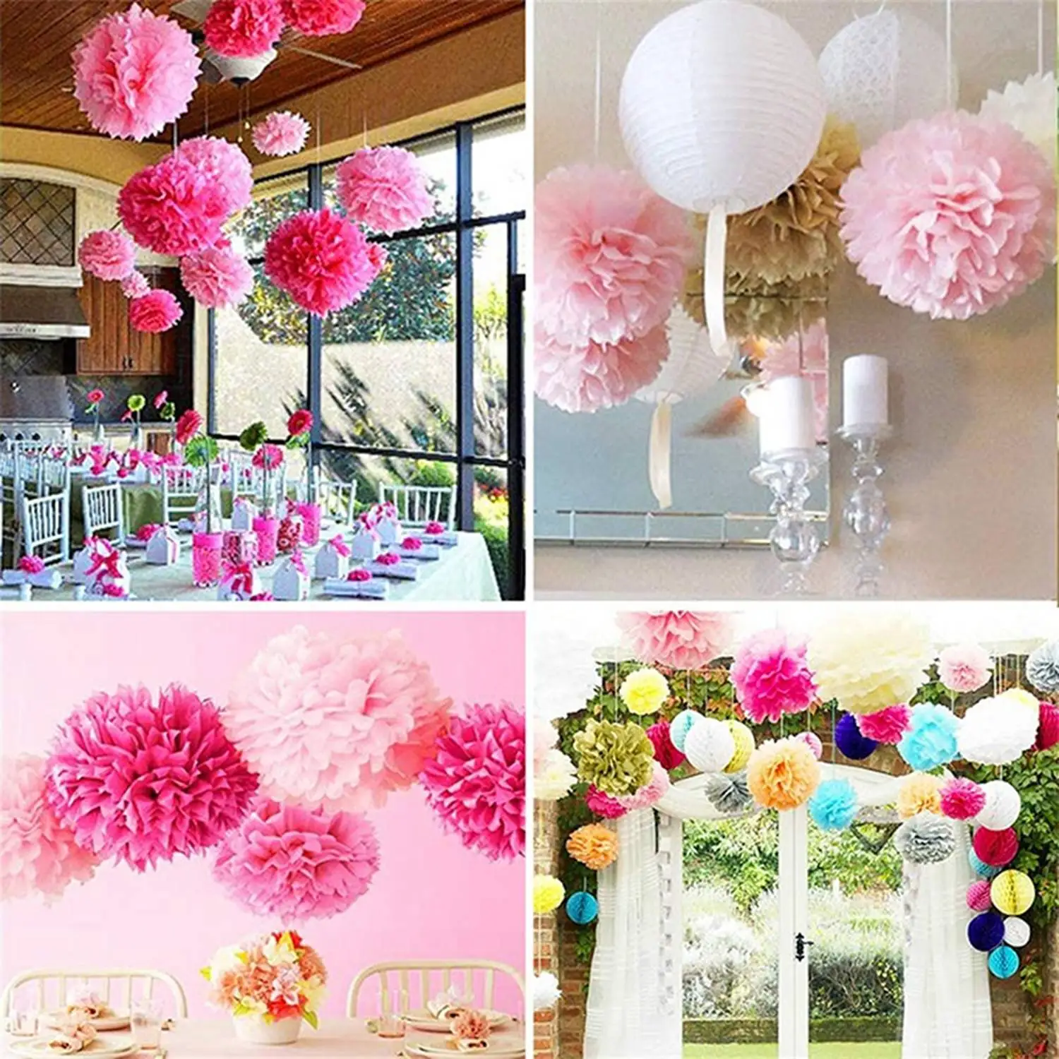 Mixed Tissue Paper Pompons, Pom Poms flor, decoração do casamento, rosa, 9 pcs por conjunto