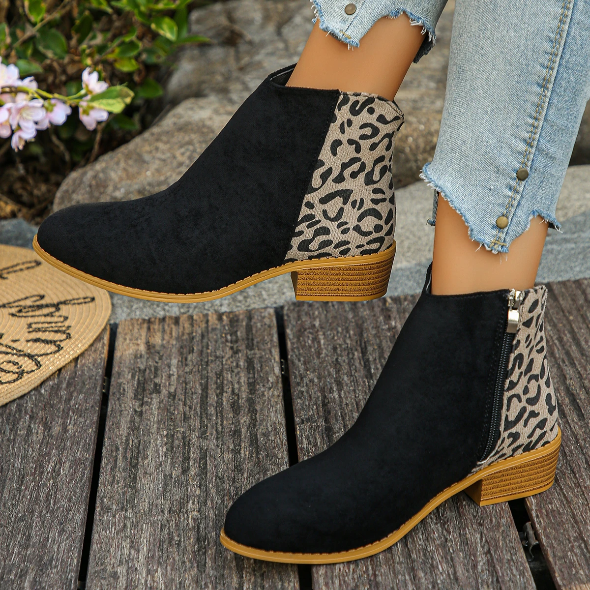 Otoño Invierno Mujer Botines con estampado de leopardo moda punta redonda Mujer Sexy estampado de leopardo cremallera botines cálidos Botas Mujer