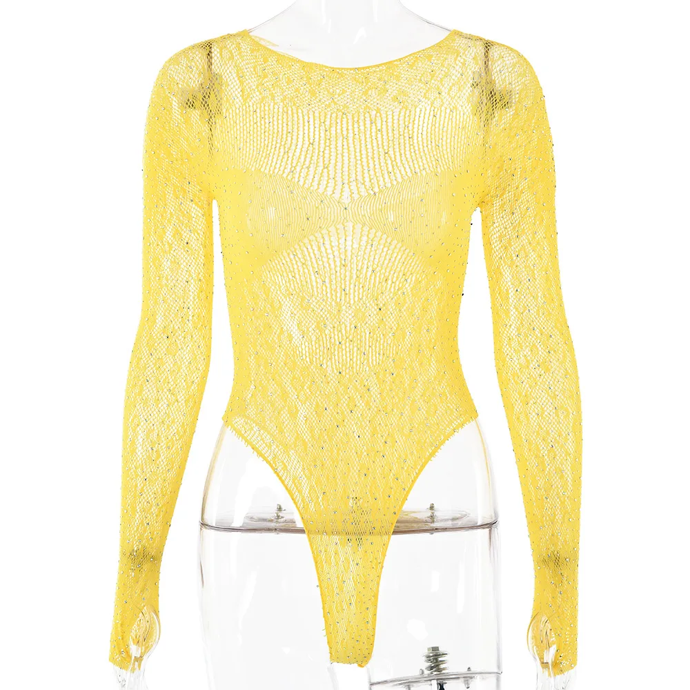 Damen Slim Fit Transparenter Langarm-Romper, Glänzender Strass-T-Shirt-Bodysuit, Party-Club-Overall mit Ausschnitten – Detail 2