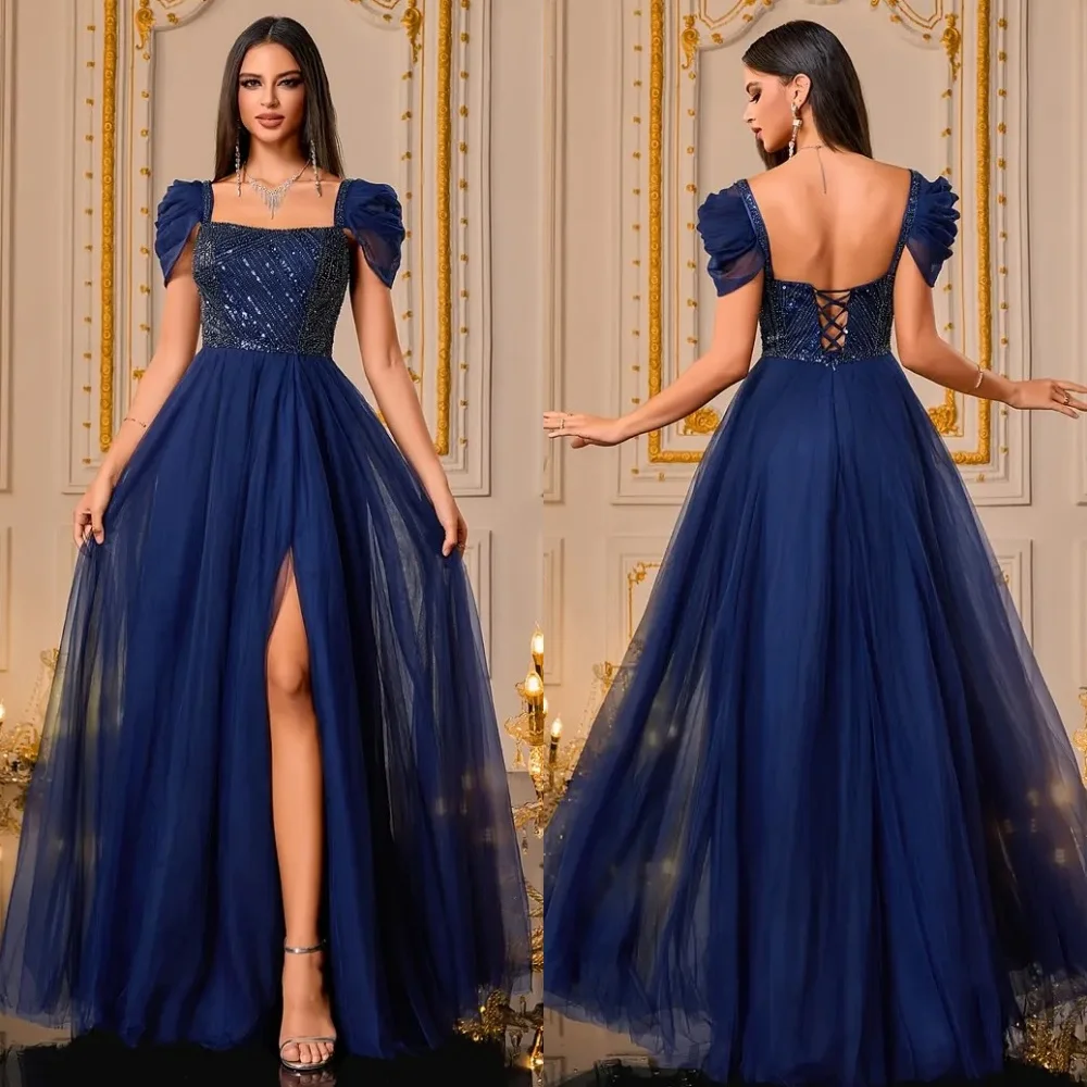 

Customized High Quality Exquisite Tulle Sequined Beading A-line Off-the-shoulder Long Dresses Bespoke Occasion Dresses Matching