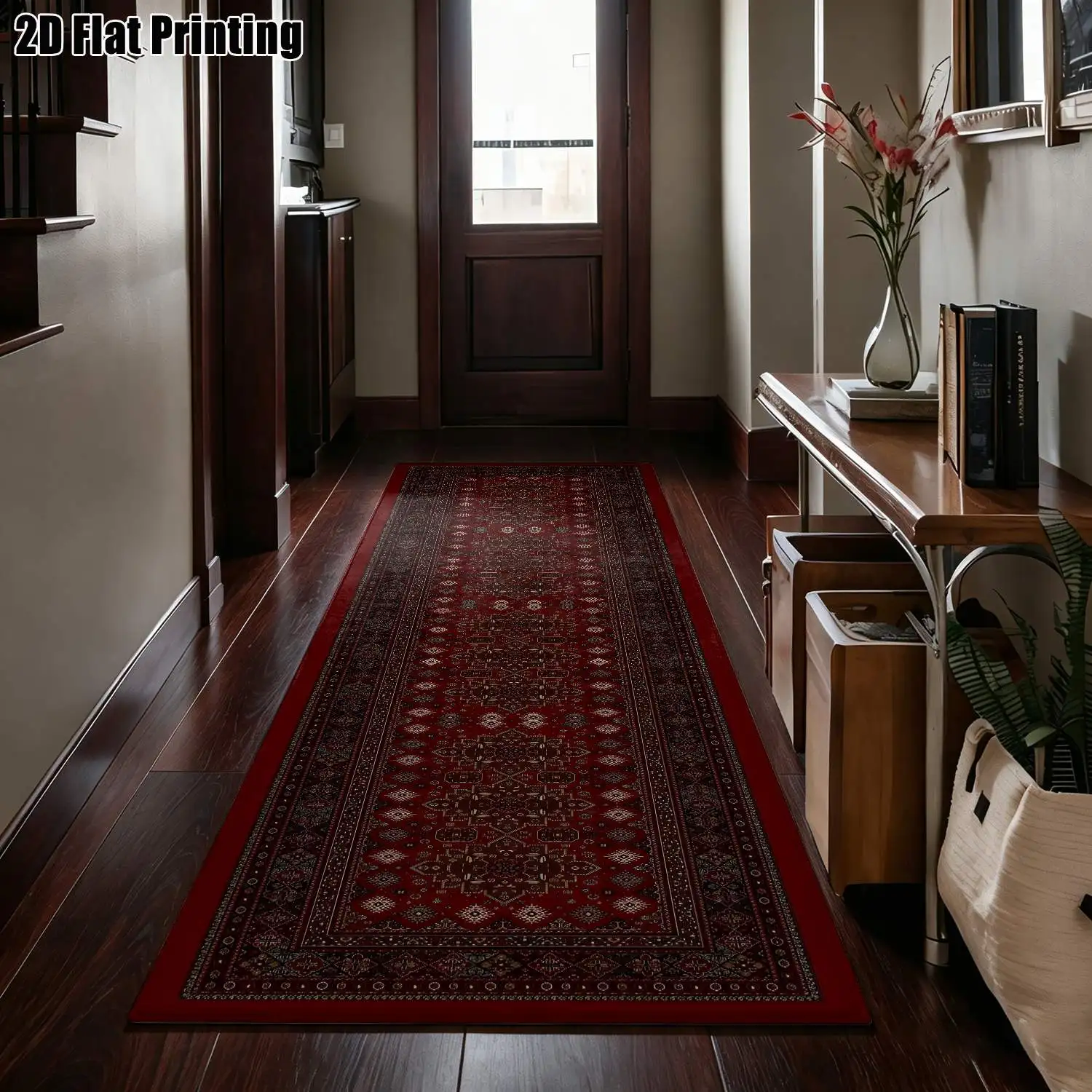 1Pc 2D Printed Long Strip Runner Rugs: Retro Red-Brown Floral, European/Bohemian/Geometric Styles, Machine Washable, Multi-Size, Home Decor for Entrance, Corridor, Bedroom, Living Room