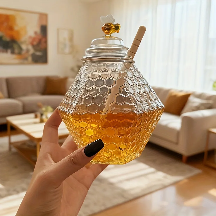 

New High Borosilicate Glass Honey Jar with Stirring Rod, Kitchen Tool Seasoning Jar, High Aesthetic Kitchen Storage Container