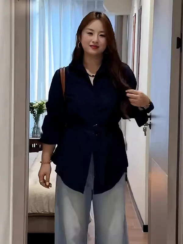 Minceur grande taille femmes Vintage irt avec ceinture longue Sve Sli haut coréen Sle trajet Faion décontracté irt