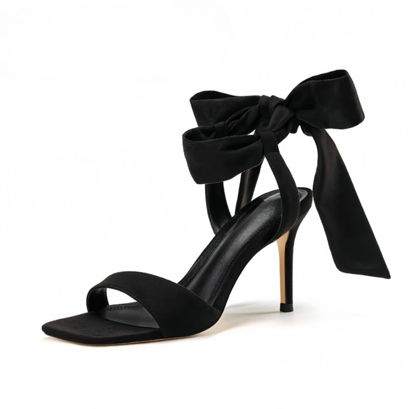 New summer bow high-heeled sandals with slim heels and fashionable matching skirts, open toed square toe high-heeled shoes