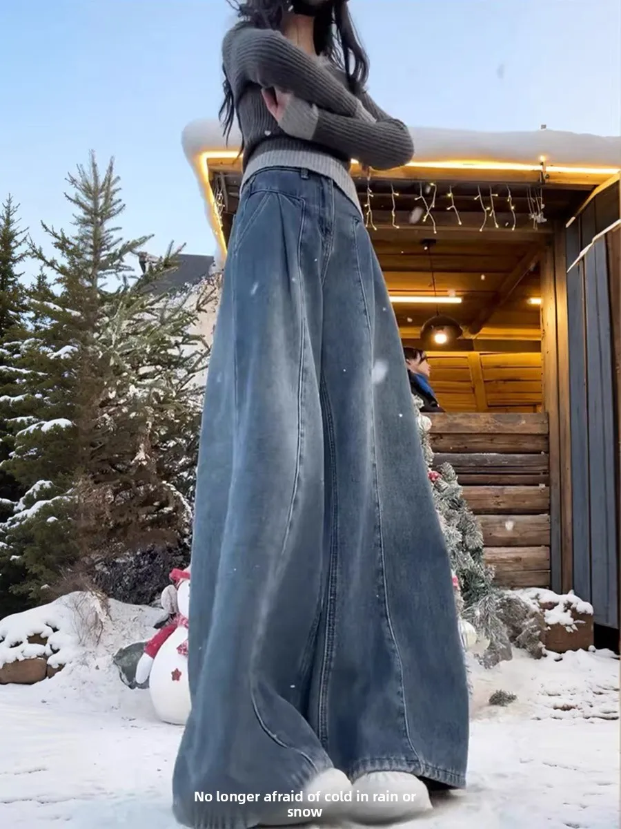 جينز دينم عتيق عالي الخصر من Thiened Fce للنساء لخريف وشتاء مقاس كبير على شكل كمثرى ثنى للجسم فضفاض ونحيف وواسع الساق...