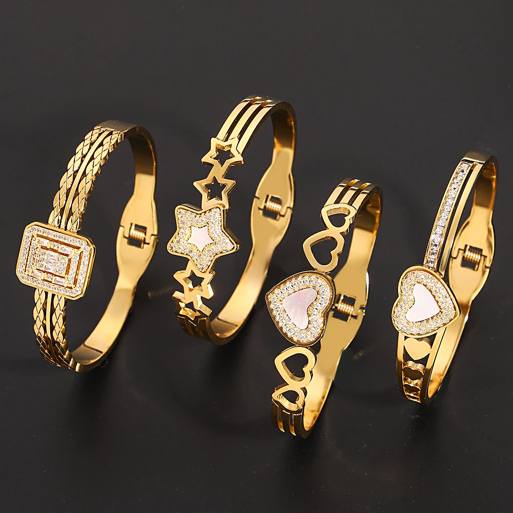 سوار أنيق بأحجار الراين مع غلاف أبيض للنساء من الفولاذ المقاوم للصدأ سلسلة ذهبية مجوهرات عصرية لعيد الحب