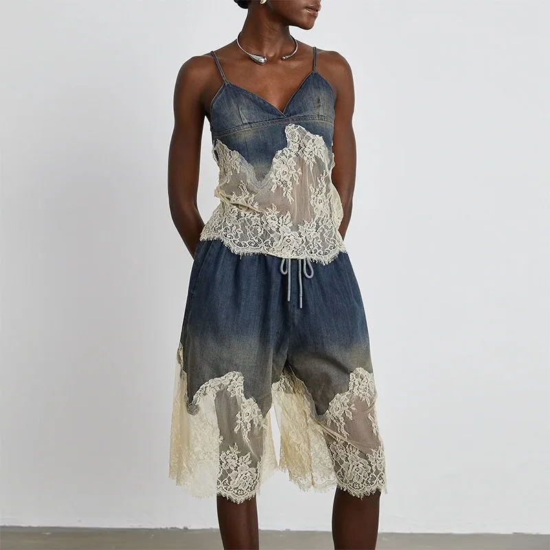 

2025 Women's Spring Lace Two-piece Simple Wind Top + Casual Denim Five-point Pants Fashion Thin Women's Clothing Set
