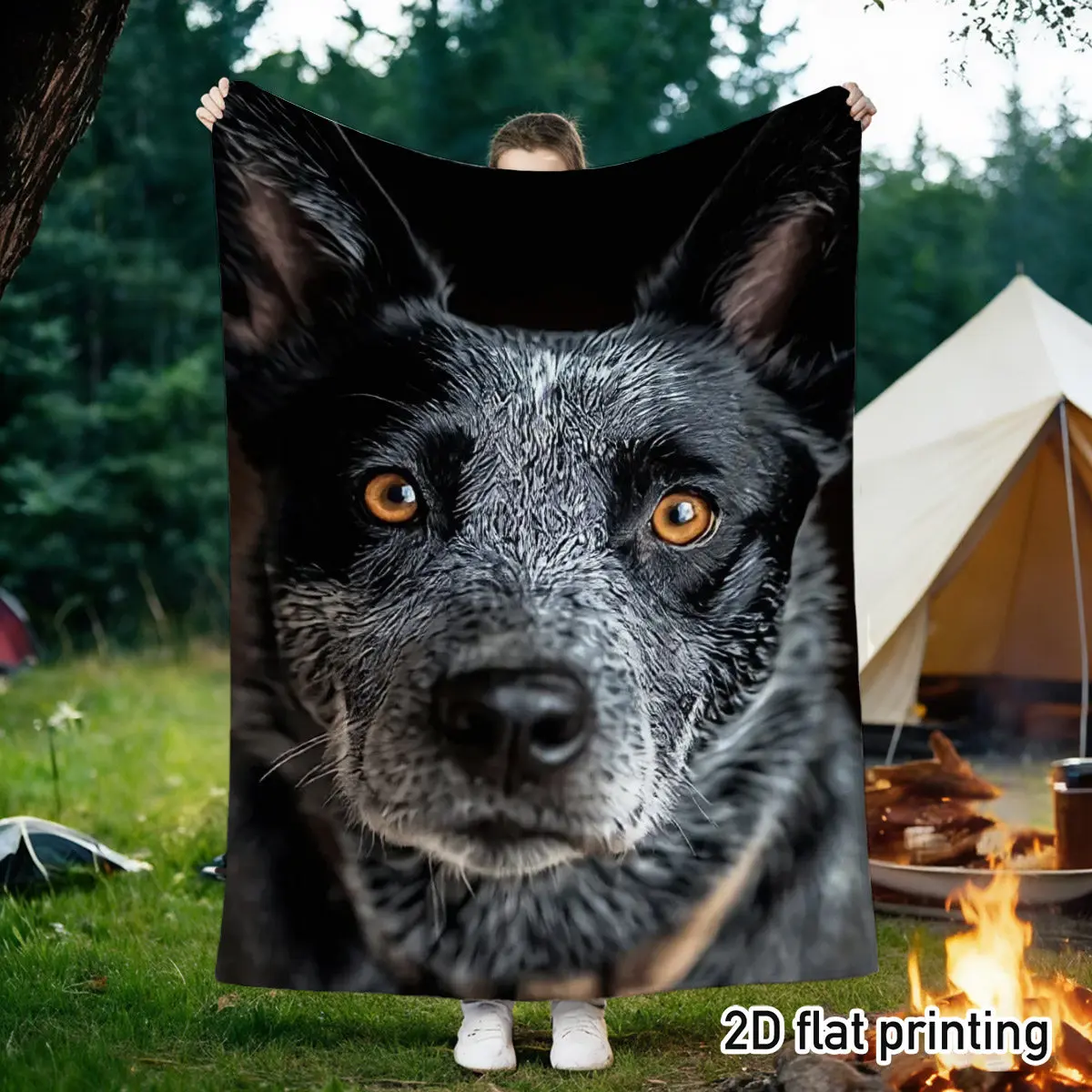 Cozy Flannel Outdoor Blanket Featuring a 2D Realistic Blue Cow and Dog Pattern, Perfect for Close Bonding with Pets During Campf