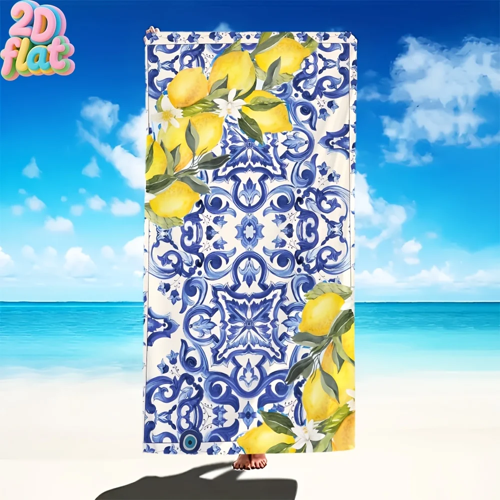 Mediterranean Lemon Blue Tile Beach Towel 1Pc Microfiber Sandproof Waterproof 2D Flat Printed Summer Pool Bath Towel