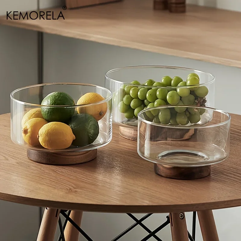 

Glass Fruit Bowl Creative Large Salad Bowl Wood Base Snacks Popcorn Nuts Storage Bowls Home Christmas Snack Storage Container