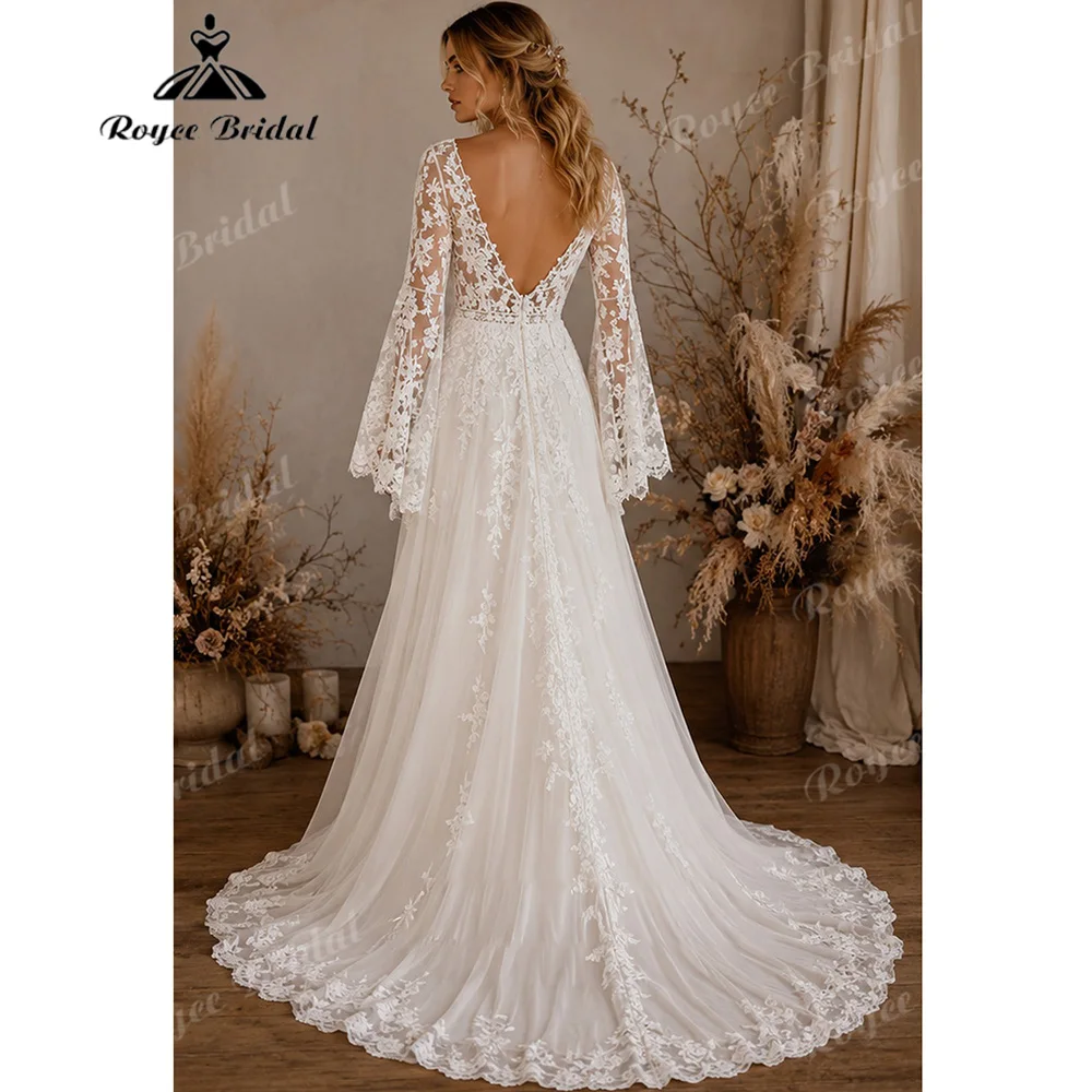 2027 Boho Flare Long Sleeve A‑Line Wedding Dress Deep V Neck Floral Lace Applique Court Train  Bridal Gown Customized