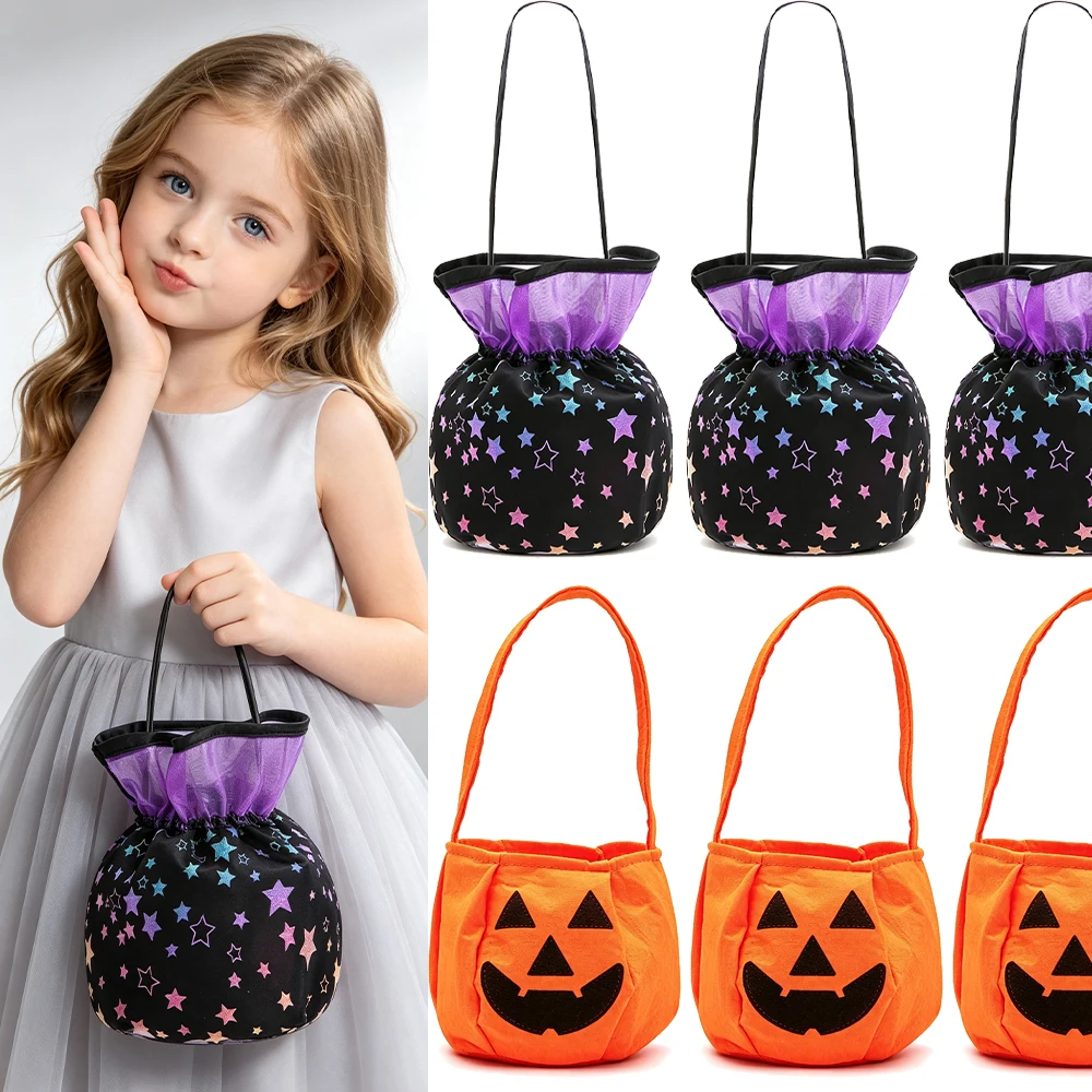 Kids Halloween Candy Bag Set Pumpkin Purple Star Handbag Witch Cosplay Carnival Party Trick or Treat Bag