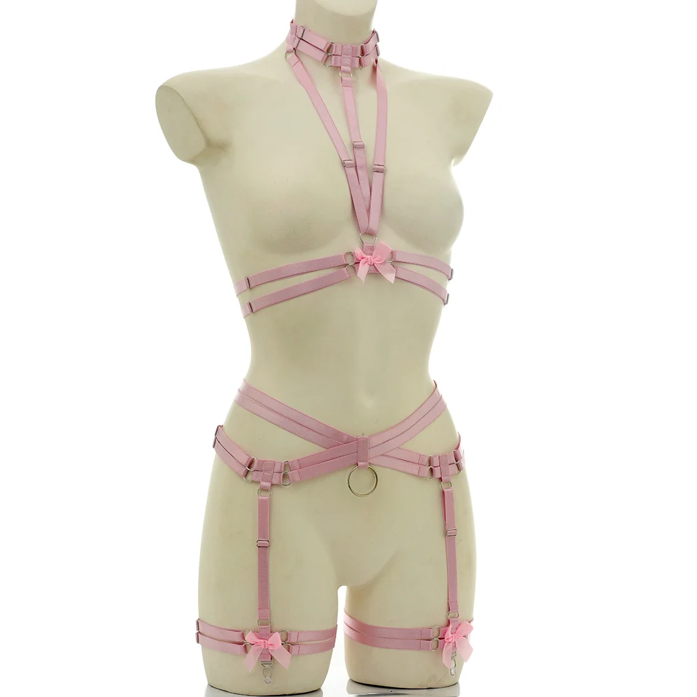 Elastic Bondage Body Harness Belt for Women Pastel Goth Bow Body Cage Hollow Adjustable Lingerie Stockings Garter Belt view 3