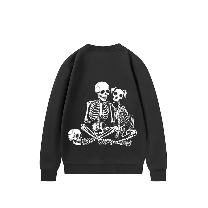 سويت شيرت رجالي هيكل عظمي وجماجم على بلوفر أسود برقبة دائرية ملابس مريحة على الطراز القوطي للهالوين في عام 2025